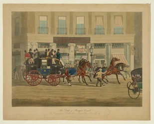 El carruaje del duque de Beaufort, partiendo del Bull & Mouth, Regents Circus, Piccadilly, 1841